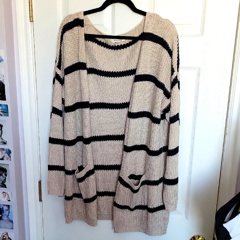 Striped Knit Cardigan Sweater - Navy blue and Taupe.